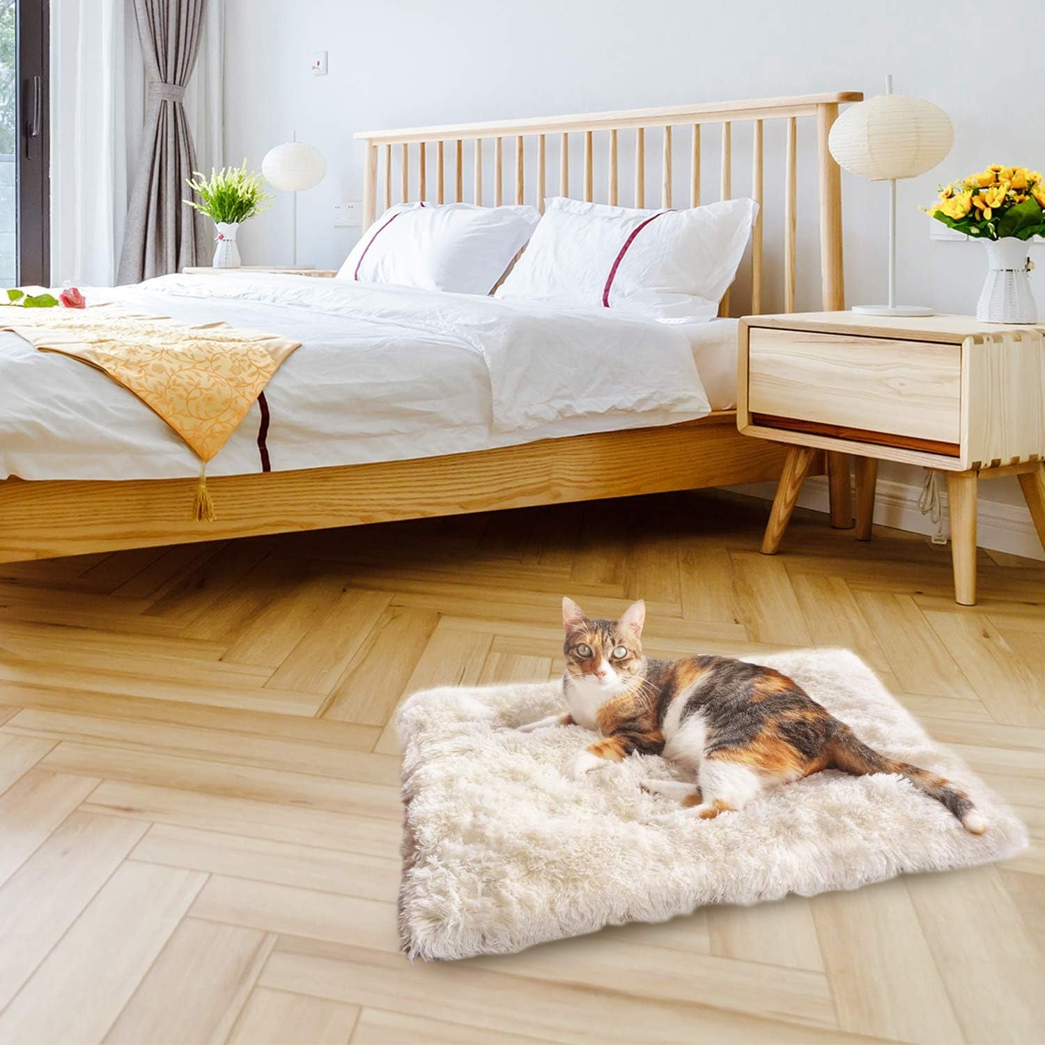 Pet Bed for Cats Indoor Cats Small Dogs Mat, Machine Washable Cat Cushion Function 2 in 1 Soft Plush Fluffy Blanket Kittens Puppy Sofa Pet Bed Mat White