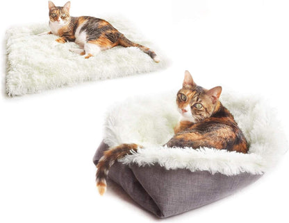 Pet Bed for Cats Indoor Cats Small Dogs Mat, Machine Washable Cat Cushion Function 2 in 1 Soft Plush Fluffy Blanket Kittens Puppy Sofa Pet Bed Mat White