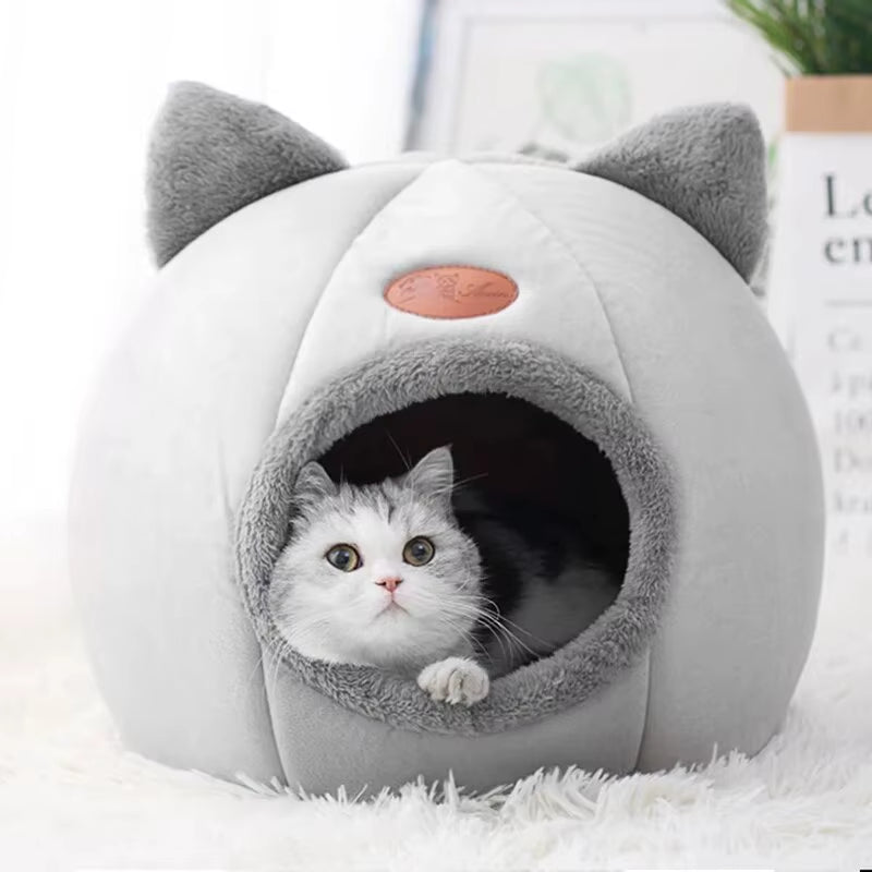 Cat Head Shape Cute and Comfortable Warm Cat House Safe Sleep Cave Non-Slip Semi-Closed Design Four Seasons Universal Cat Nest