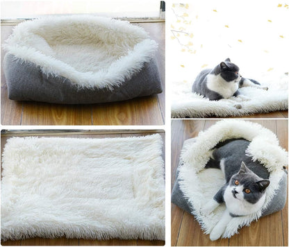 Pet Bed for Cats Indoor Cats Small Dogs Mat, Machine Washable Cat Cushion Function 2 in 1 Soft Plush Fluffy Blanket Kittens Puppy Sofa Pet Bed Mat White